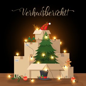 Kerstkaart verhuisbericht verhuisdozen met kerstspullen