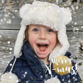 Kerstkaart vierkant met goud en witte confetti en grote foto
