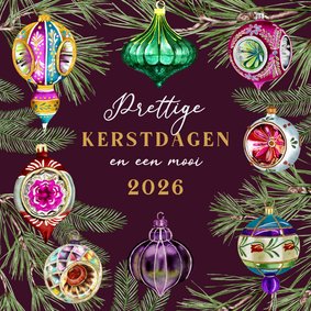 Kerstkaart vintage kerstballen dennentakken