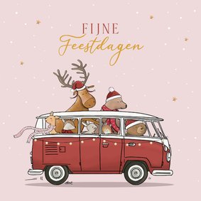Kerstkaart Volkswagen busje met bosdieren