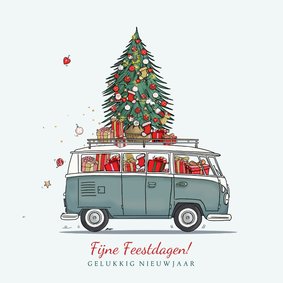 Kerstkaart volkswagenbusje met kerstboom