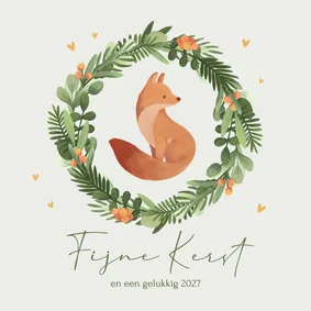 Kerstkaart vos fijne kerst kerstkrans winter illustratie