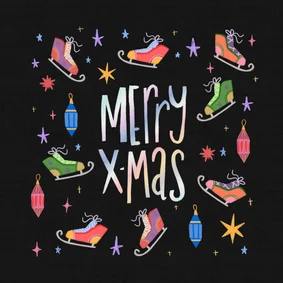 Kerstkaart vrolijk gekleurde schaatsen zwart