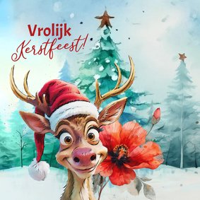 Kerstkaart vrolijk hertje kerstroos