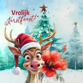 Kerstkaart vrolijk hertje kerstroos