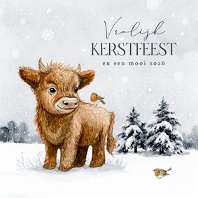 Kerstkaart vrolijk kerstfeest schotse hooglander roodborstje