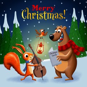 Kerstkaart vrolijke bosdieren zingen kerstliedjes!