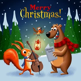 Kerstkaart vrolijke bosdieren zingen kerstliedjes!