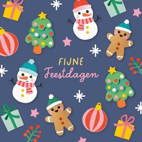 Kerstkaart vrolijke figuren donkerblauw