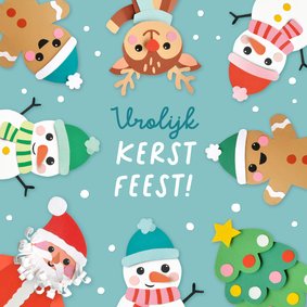 Kerstkaart vrolijke figuren en sneeuw