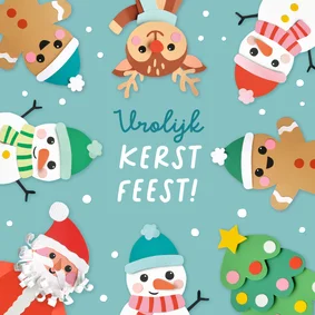 Kerstkaart vrolijke figuren en sneeuw