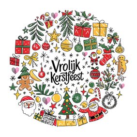 Kerstkaart vrolijke tekeningen Huidfonds