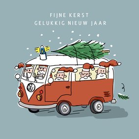 Kerstkaart vw busje met kerstmannen en kerstboom