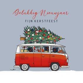 Kerstkaart vw busje rood met kerstboom 