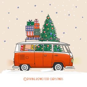 Kerstkaart vw busje rood met pakjes