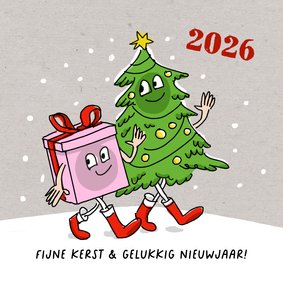 Kerstkaart wandelende kerstboom en kerstkado