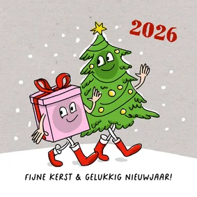 Kerstkaart wandelende kerstboom en kerstkado