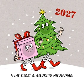 Kerstkaart wandelende kerstboom en kerstkado