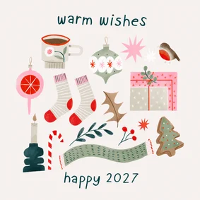 Kerstkaart warm wishes en vrolijke kerst illustraties 