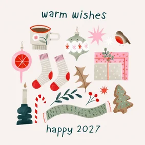 Kerstkaart warm wishes en vrolijke kerst illustraties