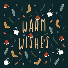 Kerstkaart warm wishes met leuke illustraties