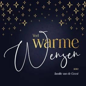 Kerstkaart warme wensen goudlook sterren blauw
