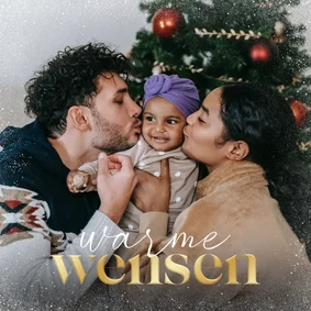 Kerstkaart warme wensen grote foto sneeuwkader