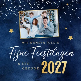 Kerstkaart waterverf blauw goud foto stijlvol