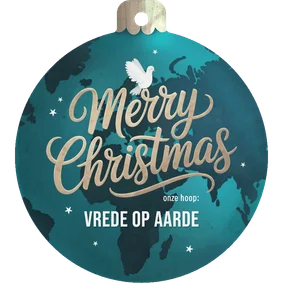 Kerstkaart wereld kerstbal vrede duif sterren