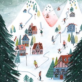 Kerstkaart winter cozy ski landschap