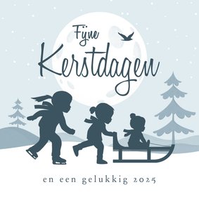 Kerstkaart winter silhouetjes kinderen landschap maan