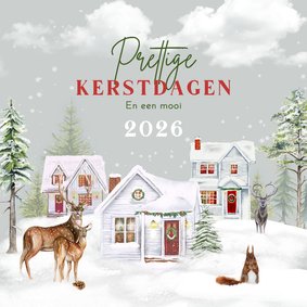 Kerstkaart winterlandschap huisjes met herten en eekhoorn