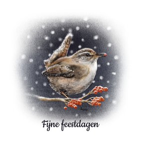 Kerstkaart winters met winterkoninkje met een besje