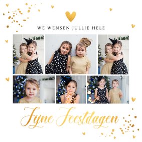 Kerstkaart wit fotocollage goudlook confetti