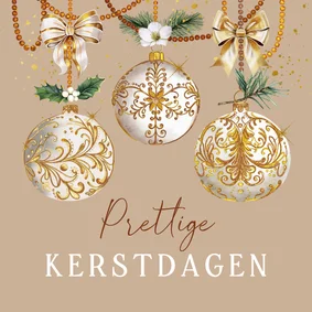 Kerstkaart witte kerstballen met goud en strik