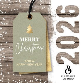 Kerstkaart zakelijk label 2026 en logo op hout