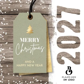 Kerstkaart zakelijk label 2027 en logo op hout