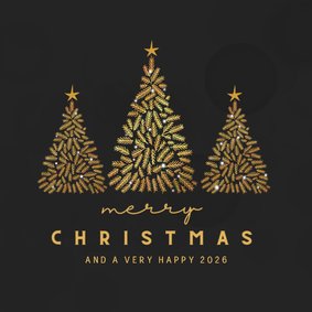 Kerstkaart zwart met gouden kerstboompjes