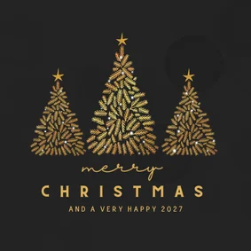 Kerstkaart zwart met gouden kerstboompjes