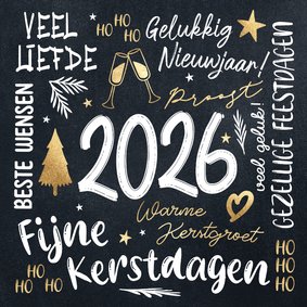 Kerstkaart zwart wit goud 2026