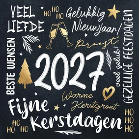 Kerstkaart zwart wit goud 2027