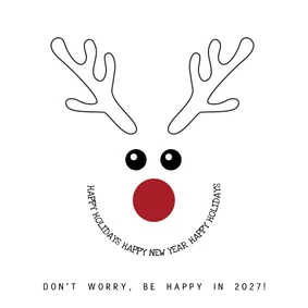 Kerstkaart zwart-wit met grappige illustratie rendier 2027