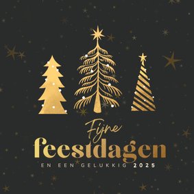 Kerstkaart zwarte sterrenhemel met gouden kerstbomen