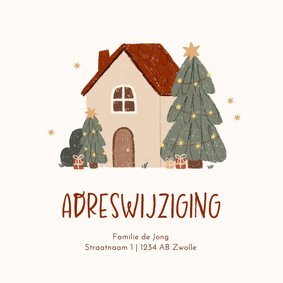 Kerstkaartje adreswijziging illustratie huis kerstboom ster
