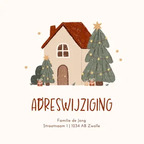 Kerstkaartje adreswijziging illustratie huis kerstboom ster
