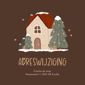 Kerstkaartje adreswijziging illustratie huisje met sneeuw
