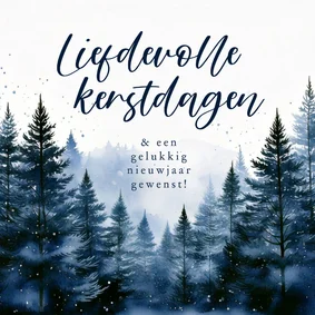 Kerstkaartje donkerblauw met kerstbomen landschap liefdevol