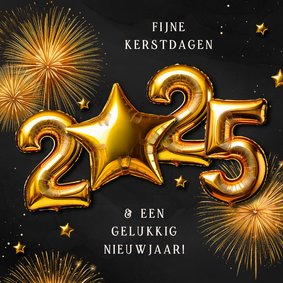 Kerstkaartje folieballon 2025 met ster en vuurwerk goud