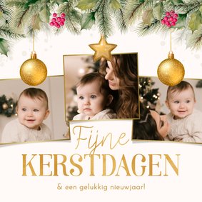 Kerstkaartje fotocollage hulst kerstballen goudlook