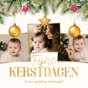 Kerstkaartje fotocollage hulst kerstballen goudlook